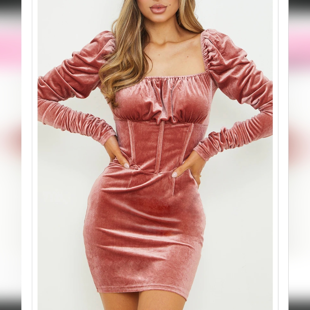 🩷🩷PLT Sexy Rose Pink Velvet Ruched Sleeve Corset Detail Bodycon Dress US 4🩷🩷